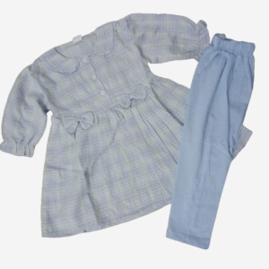 Elegant Blue Cotton Lace Frock Set with Malai Trouser – 2-Piece