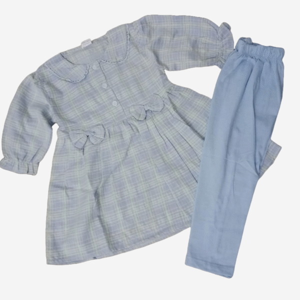 Elegant Blue Cotton Lace Frock Set with Malai Trouser – 2-Piece
