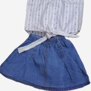 Embroidered Elegance Set – Blue Shirt with Tie-Waist & Blue Jeans Skort (2-Piece)