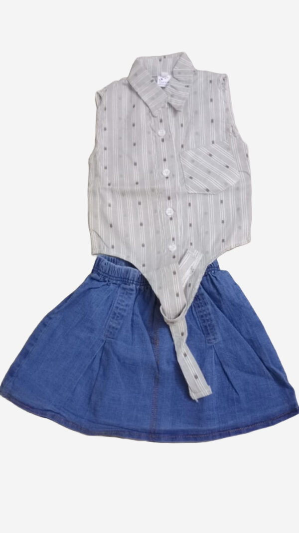 Embroidered Elegance Set – Gray Shirt with Tie-Waist & Blue Jeans Skort (2-Piece)