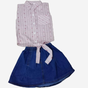 Embroidered Elegance Set – Pink Shirt with Tie-Waist & Blue Jeans Skort (2-Piece)